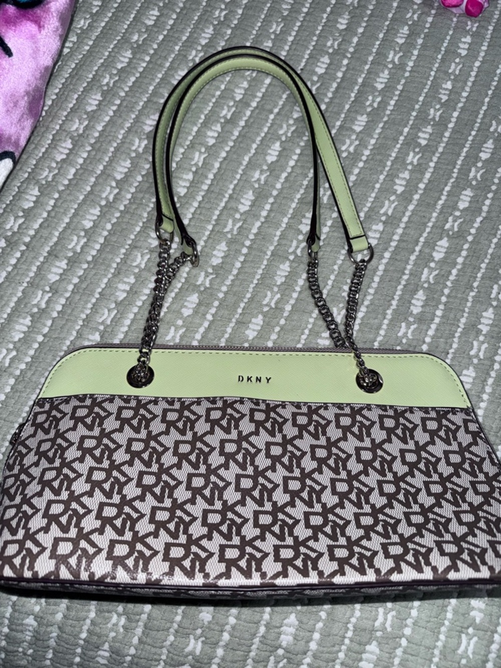 DKNY Monogram Shoulder Bag in Light Green and Brown